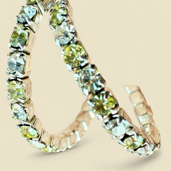 WOMEN’S SILVER HOOP EARRINGS WITH YELLOW & CLEAR CRYSTAL TENNIS SETTING - Picture 1 of 16